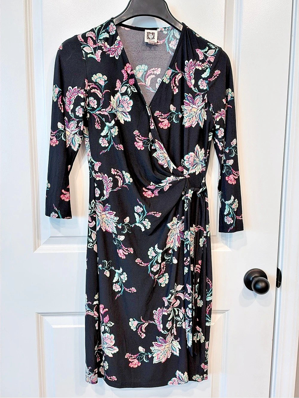 Anne Klein Floral Wrap Midi Dress Black Size 6 Like New
